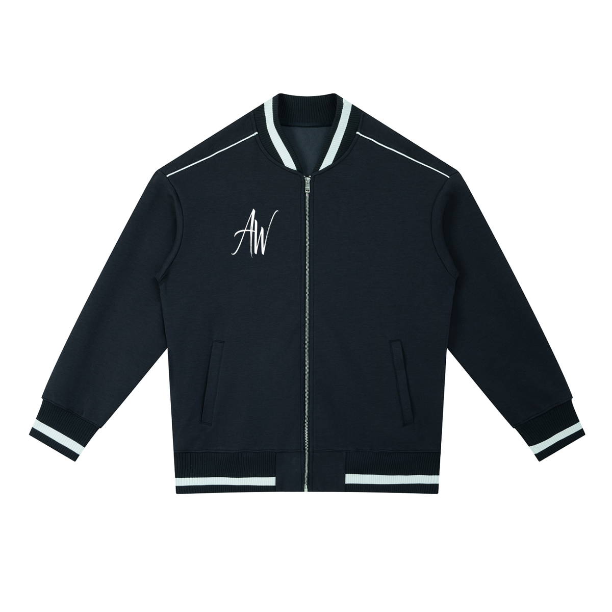 AW Script Contrast Piping Zip Bomber Jacket — Unisex Streetwear Outerwear