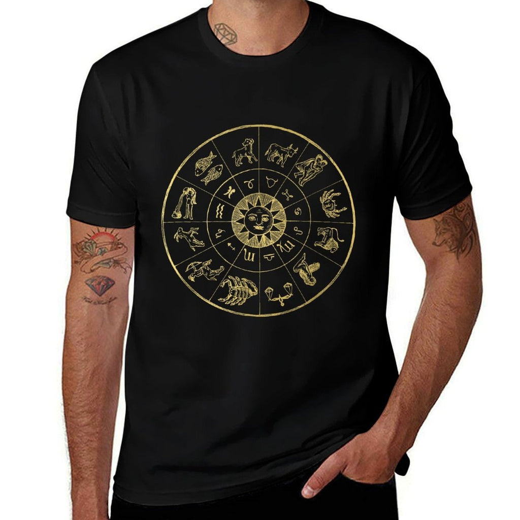 Vintage Astrology Zodiac Wheel Star Sign  Rolled Sleeves T-Shirt