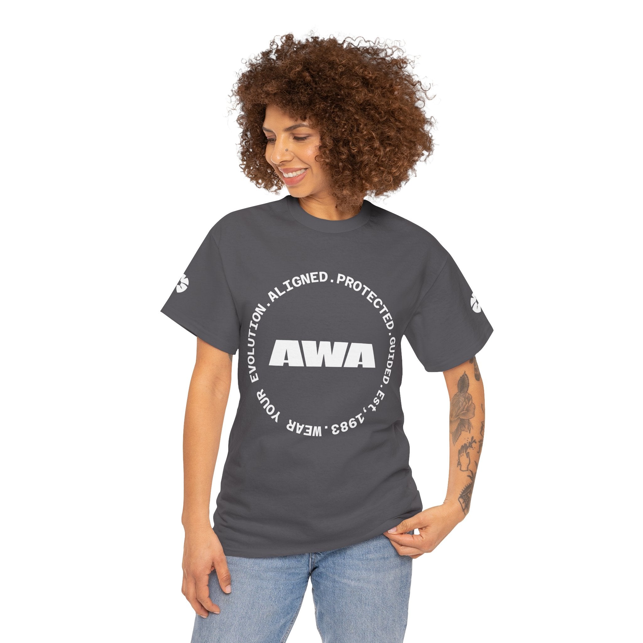 AWA Circle Logo Tee — Bold Black Graphic T‑Shirt with 'AWA' Emblem