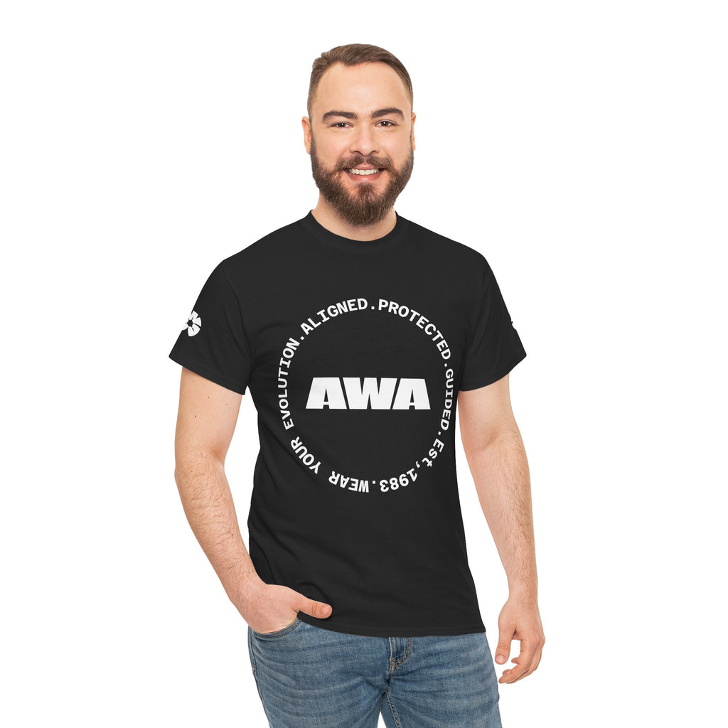 AWA Circle Logo Tee — Bold Black Graphic T‑Shirt with 'AWA' Emblem