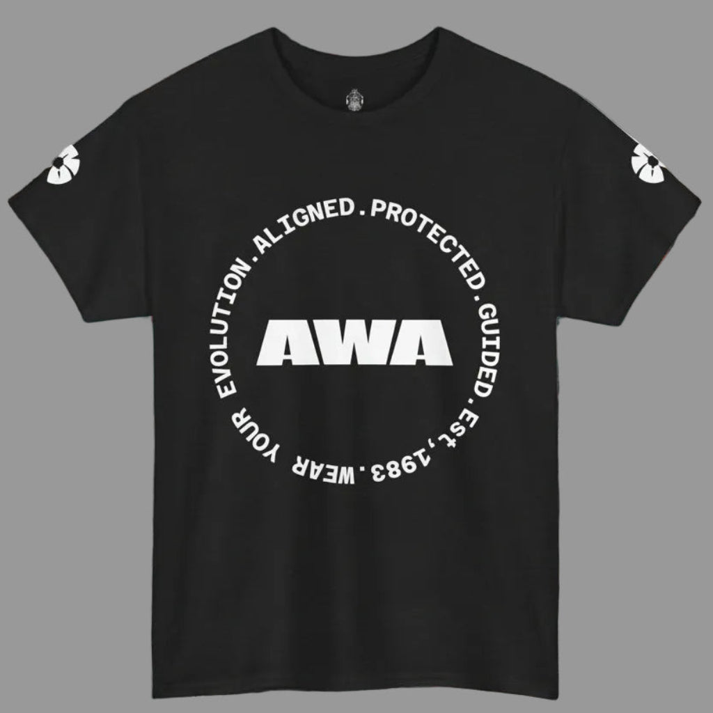 AWA Circle Logo Tee — Bold Black Graphic T‑Shirt with 'AWA' Emblem