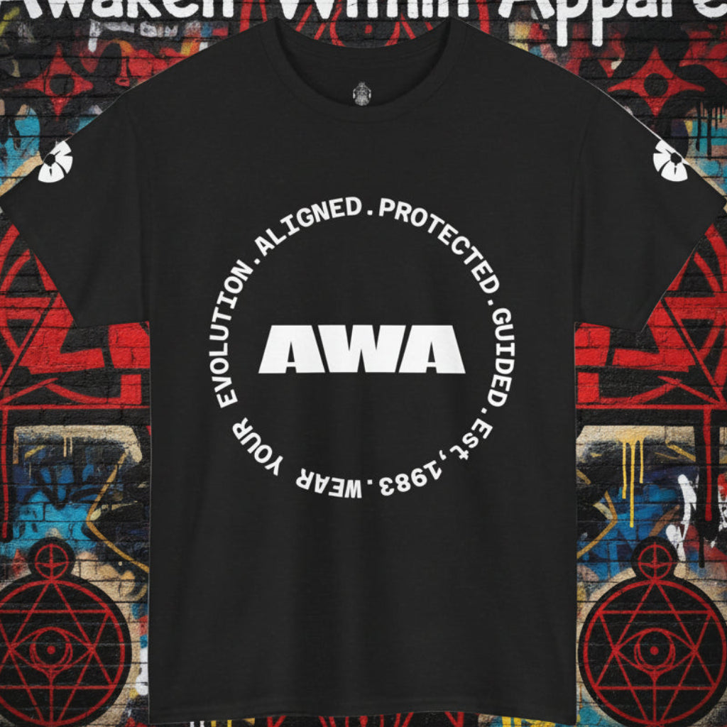 AWA Circle Logo Tee — Bold Black Graphic T‑Shirt with 'AWA' Emblem