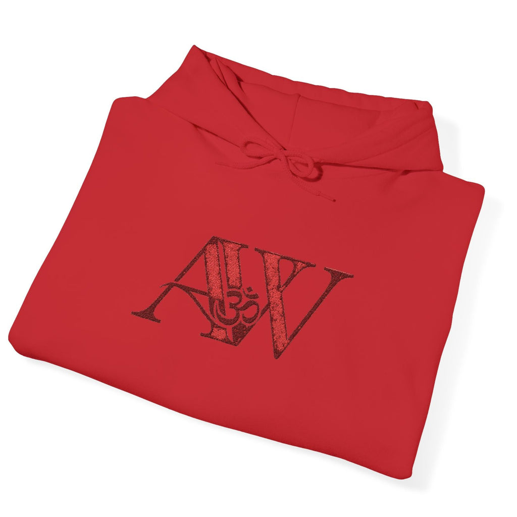 AWA Hero Logo Hoodie — Red AW Om Serif Monogram Pullover Sweatshirt