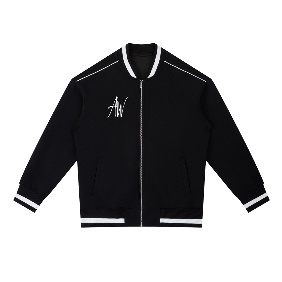 AW Script Contrast Piping Zip Bomber Jacket — Unisex Streetwear Outerwear