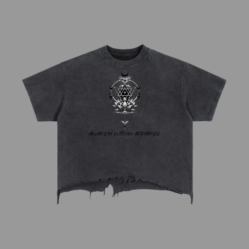 Awaken Within Apparel Sacred Logo- Vintage Wash Boxy Distressed Hem T-Shirt