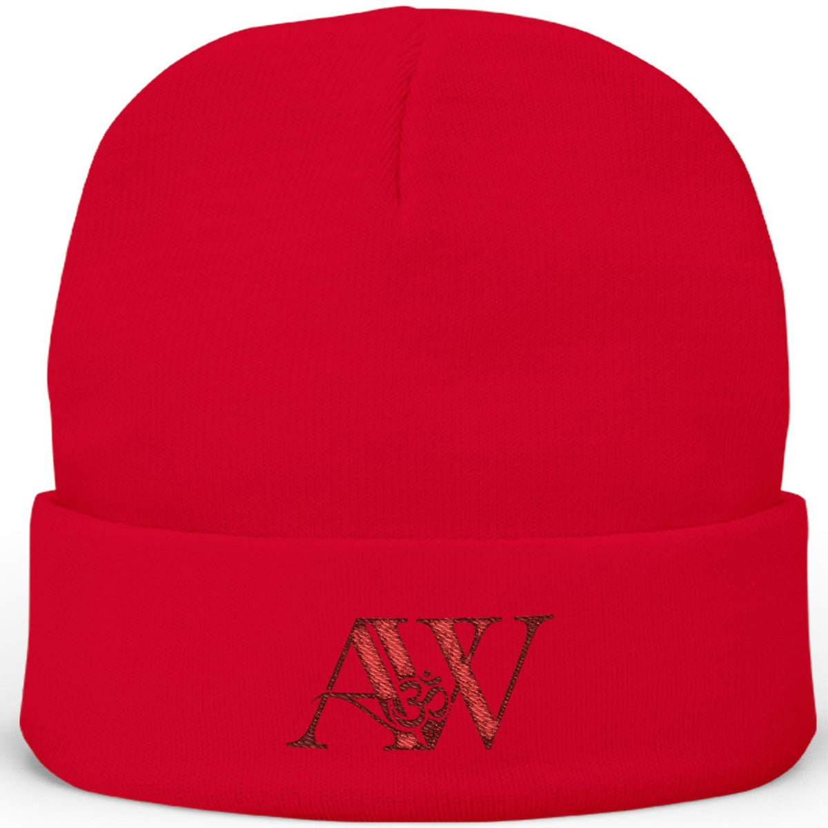 AWA Hero Logo Beanie — Red AW Om Serif Monogram Embroidered Knit Cuff Hat