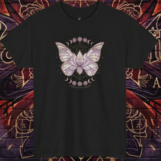 Mystic Moon Butterfly Tee — Floral Lotus Moth Tee for Spiritual & Boho Style