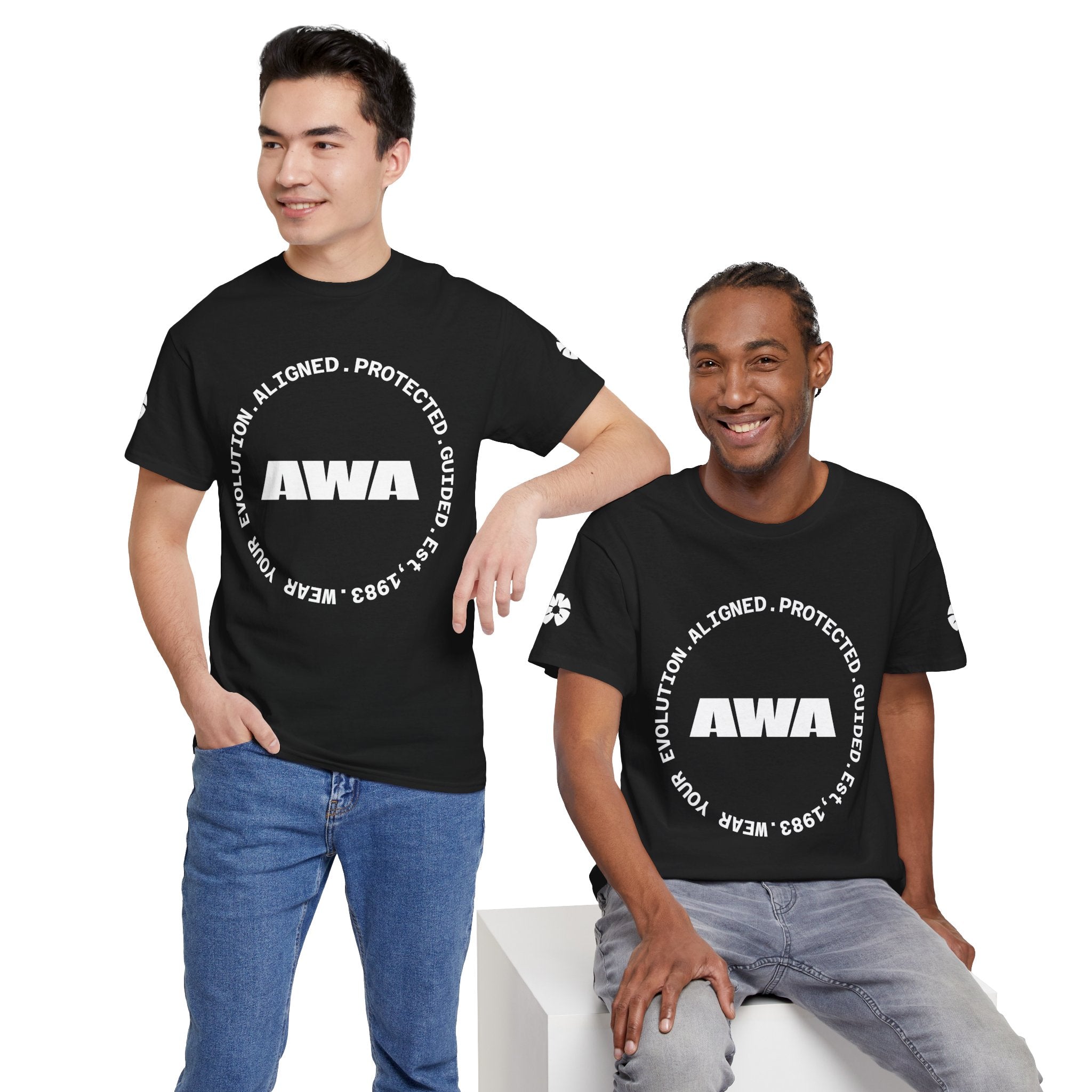 AWA Circle Logo Tee — Bold Black Graphic T‑Shirt with 'AWA' Emblem