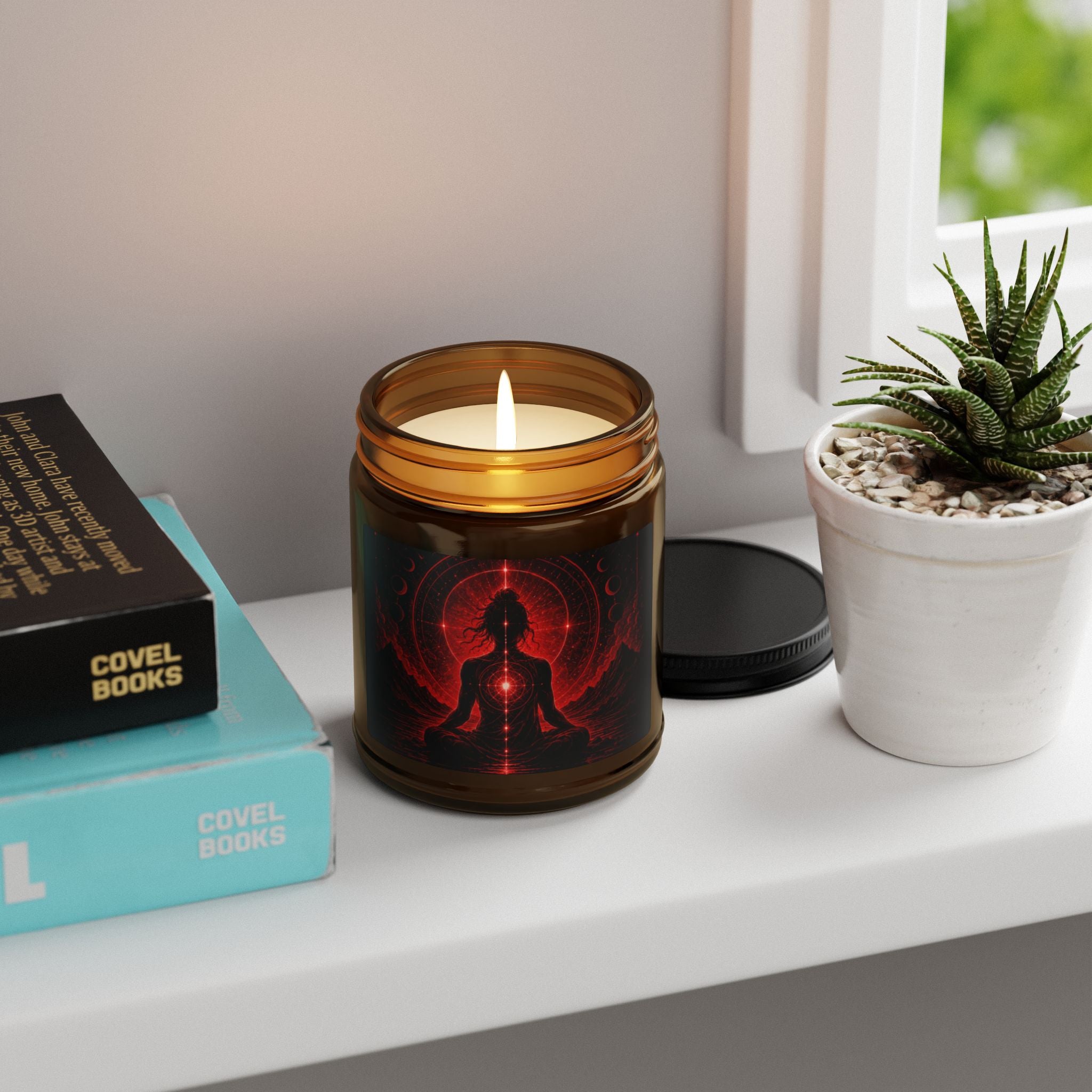 Meditation Soy Candle — Amber Jar with Red Chakra Silhouette (Aromatherapy)