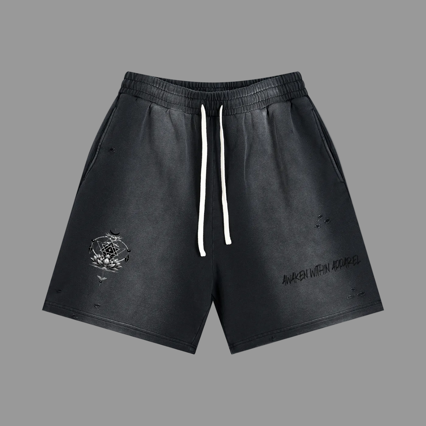 Awaken Within Apparel Sacred Logo- Sun Fade Distressed Shorts