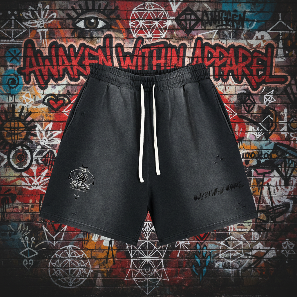 Awaken Within Apparel Sacred Logo- Sun Fade Distressed Shorts