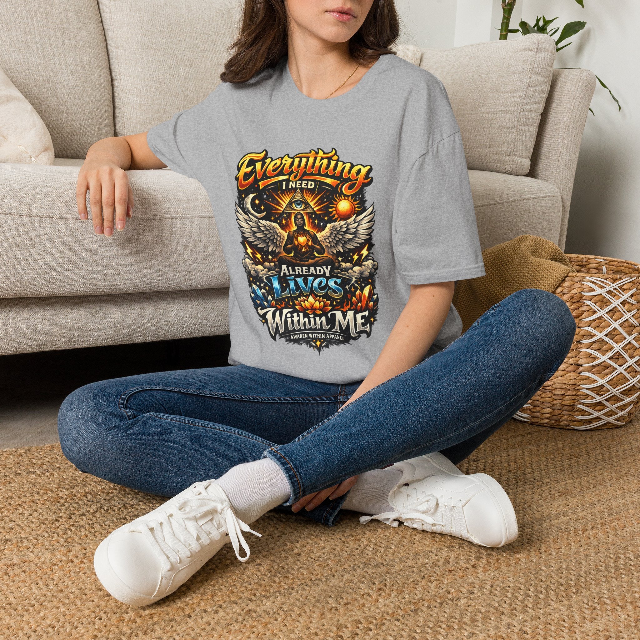 Spiritual Graphic T-Shirt — "Everything I Need Already Lives Within Me" - Awaken Within Apparel