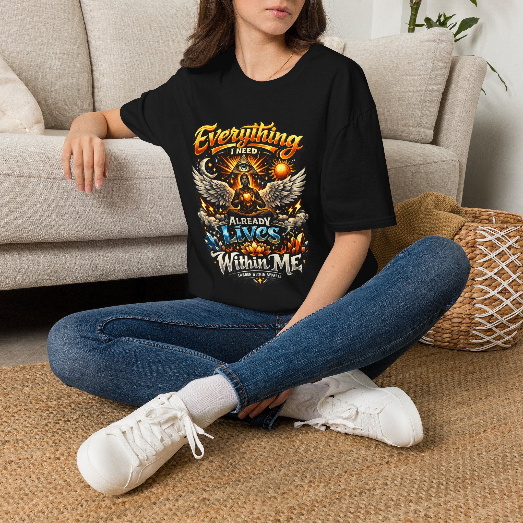 Spiritual Graphic T-Shirt — "Everything I Need Already Lives Within Me" - Awaken Within Apparel