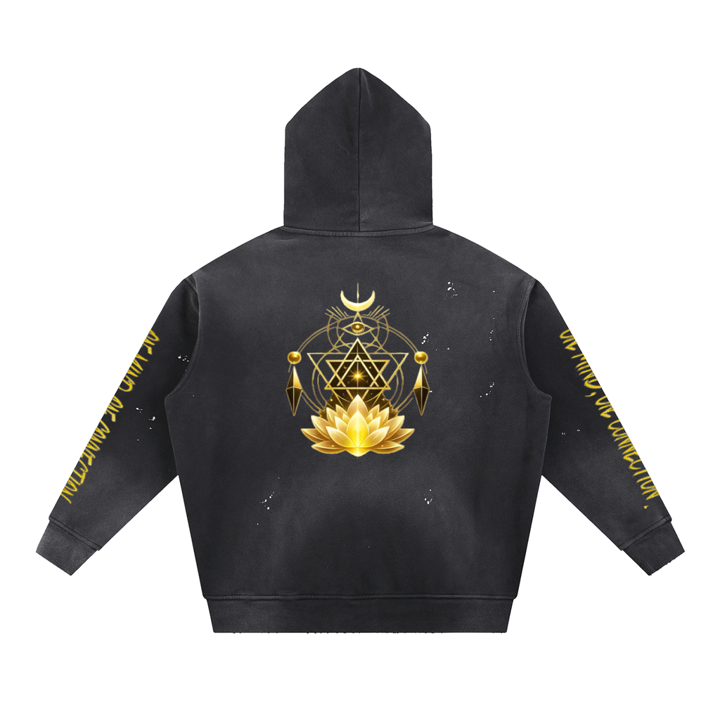 Vintage Washed Frayed Fleece Hoodie- Lotus Flower Awaken Within Apparel