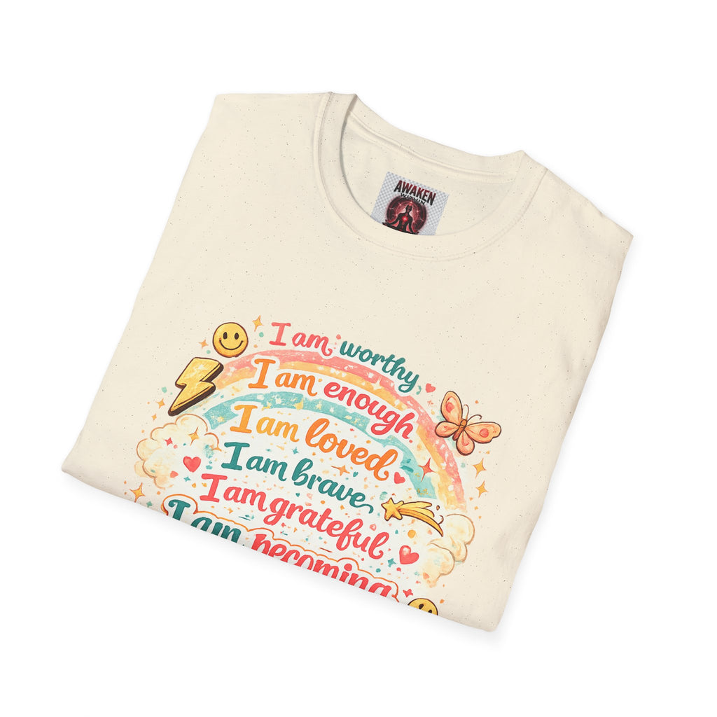 Affirmation Rainbow T-Shirt — I Am Worthy, Loved & Becoming