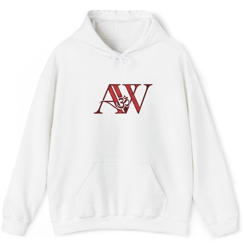 AWA Hero Logo Hoodie — Red AW Om Serif Monogram Pullover Sweatshirt