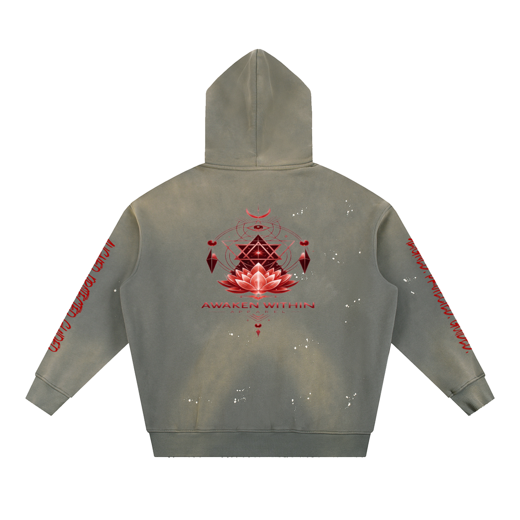 Vintage Washed Frayed Fleece Hoodie-Awaken Within Apparel Lotus Graphic Design