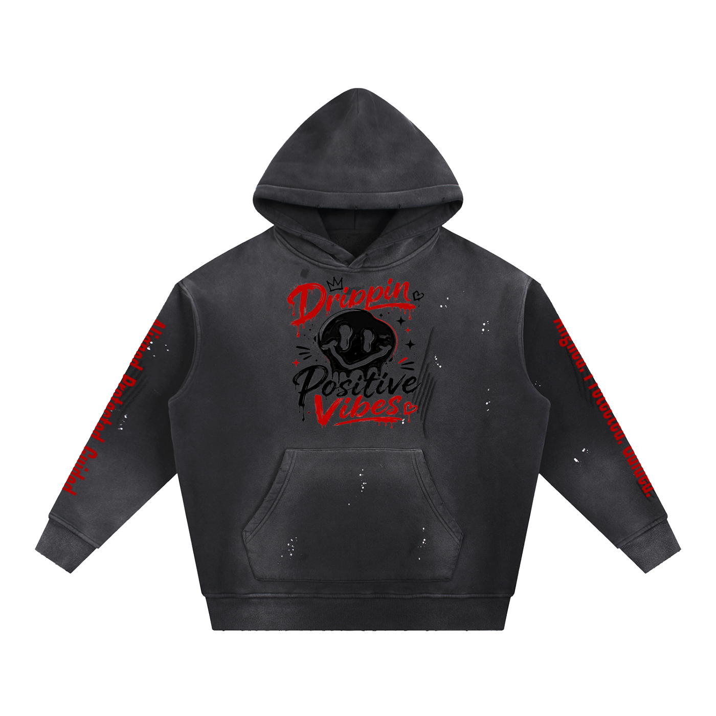 Vintage Washed Frayed Fleece Hoodie-Drippin Positive Vibes Graphic Design