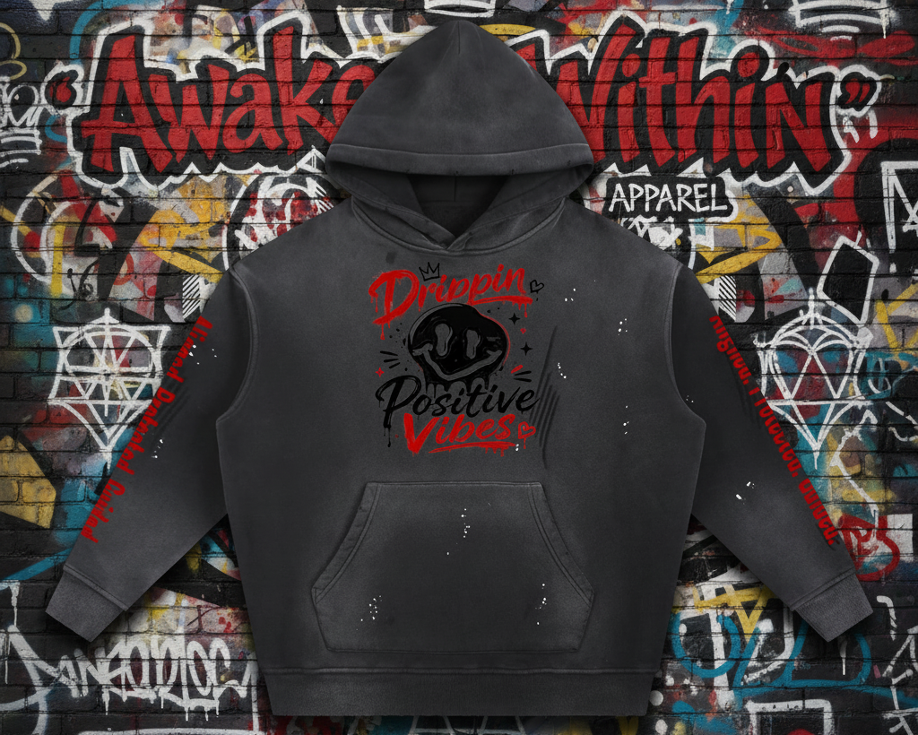 Vintage Washed Frayed Fleece Hoodie-Drippin Positive Vibes Graphic Design