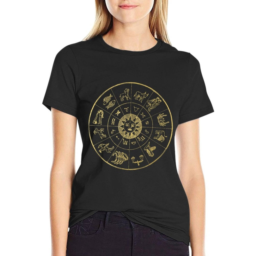 Vintage Astrology Zodiac Wheel Star Sign  Rolled Sleeves T-Shirt