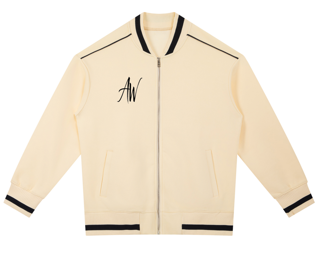 AW Script Contrast Piping Zip Bomber Jacket in Apricot — Unisex Streetwear Outerwear
