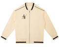 AW Script Contrast Piping Zip Bomber Jacket in Apricot — Unisex Streetwear Outerwear