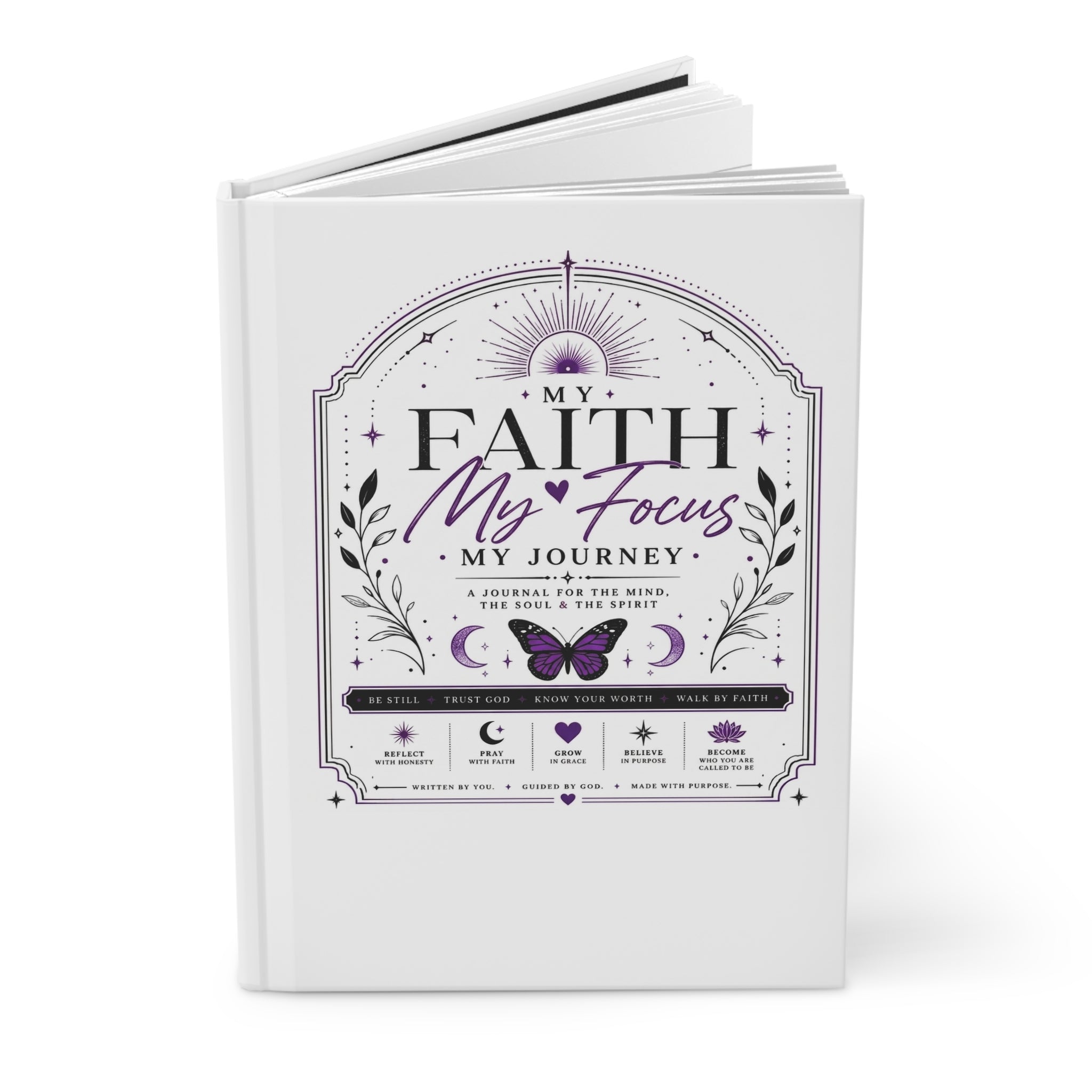 Hardcover Journal — "My Faith, My Focus" Spiritual Guided Notebook (Awaken Within, Lotus & Moon Design)
