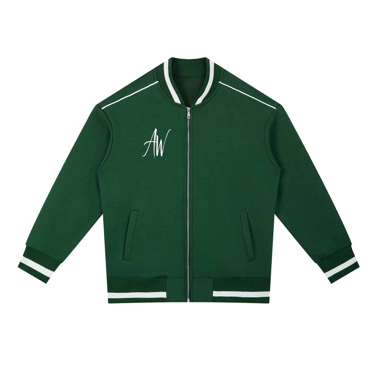 AW Script Contrast Piping Zip Bomber Jacket — Unisex Streetwear Outerwear