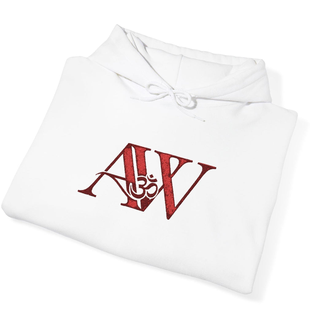 AWA Hero Logo Hoodie — Red AW Om Serif Monogram Pullover Sweatshirt