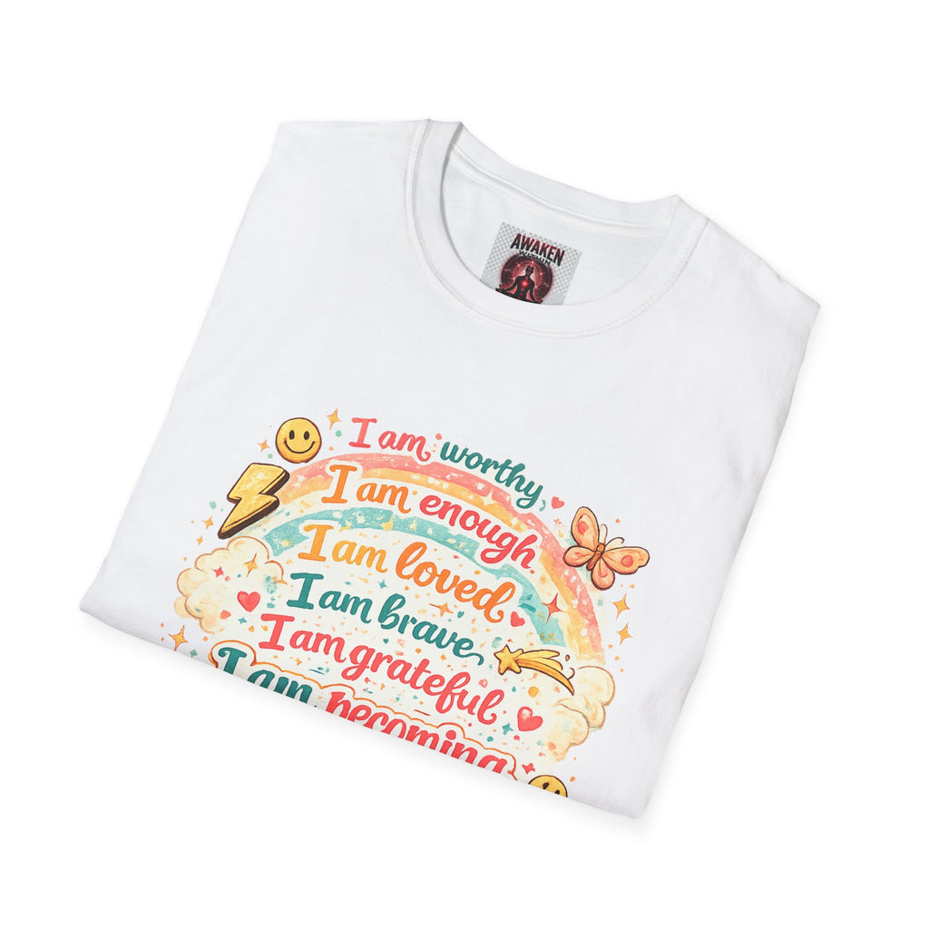 Affirmation Rainbow T-Shirt — I Am Worthy, Loved & Becoming