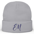 EM Monogram Script Beanie — Navy Embroidered Knit Cuff Hat