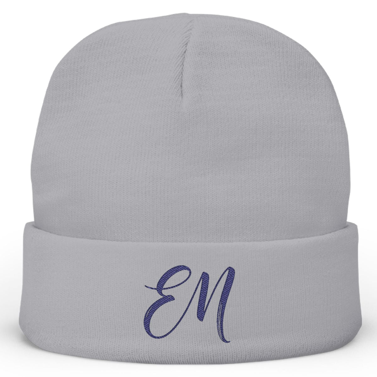 EM Monogram Script Beanie — Navy Embroidered Knit Cuff Hat