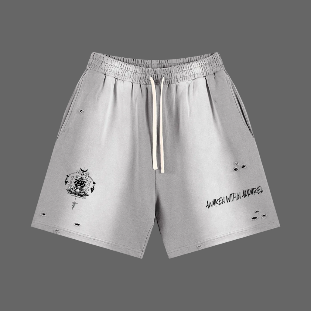 Awaken Within Apparel Sacred Logo- Sun Fade Distressed Shorts