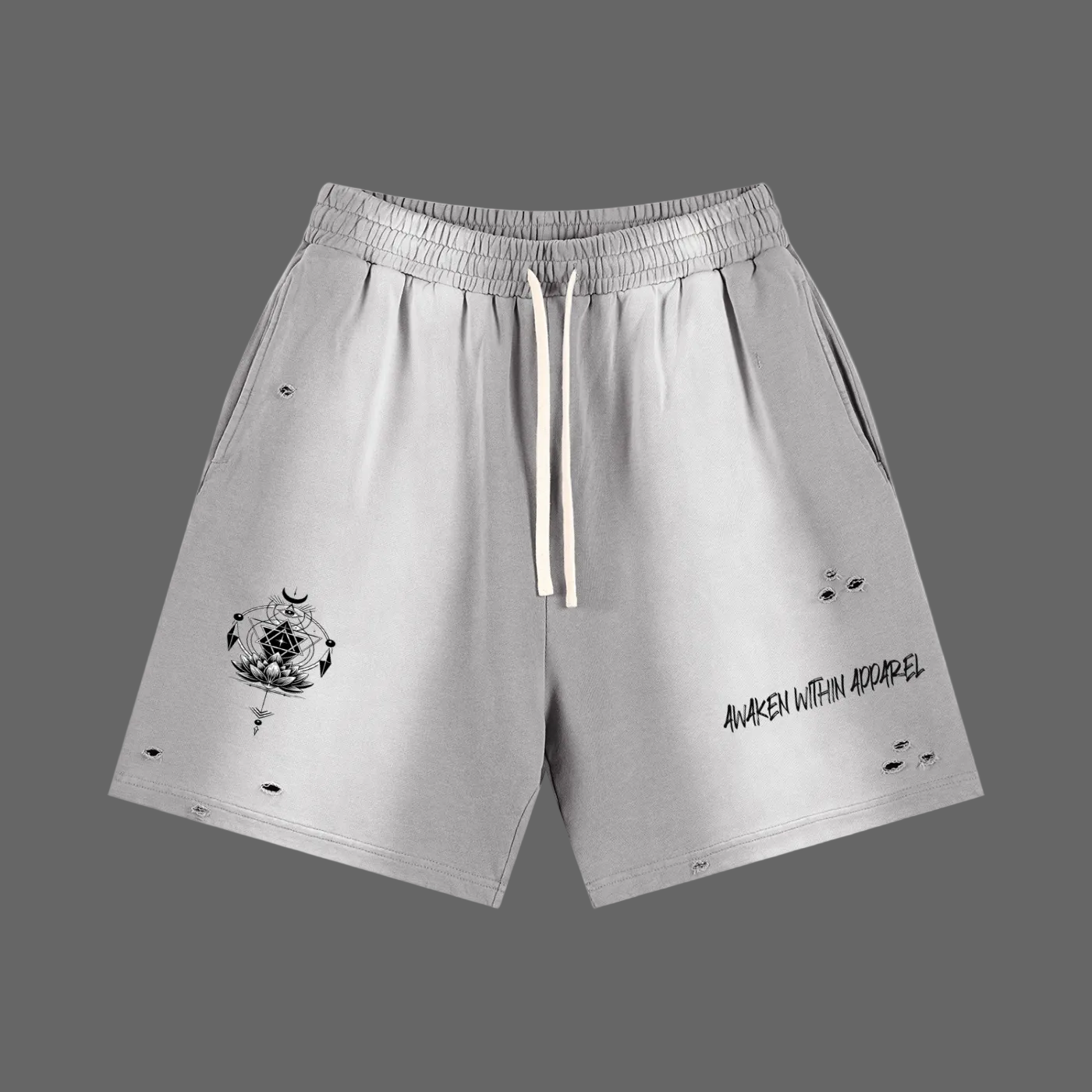 Awaken Within Apparel Sacred Logo- Sun Fade Distressed Shorts