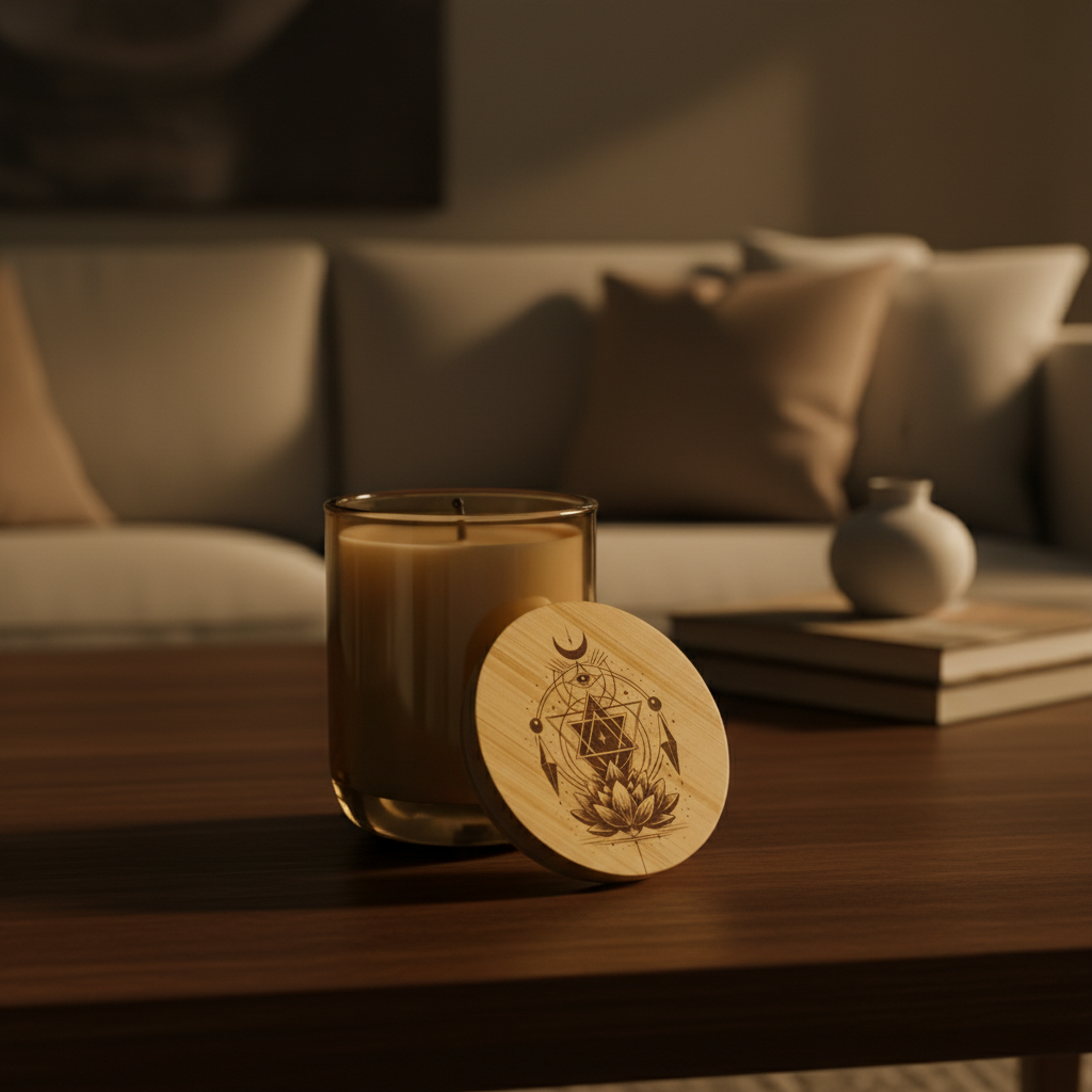 Engraved Lotus Moon Soy Candle — 14oz Scented Candle with Bamboo Lid