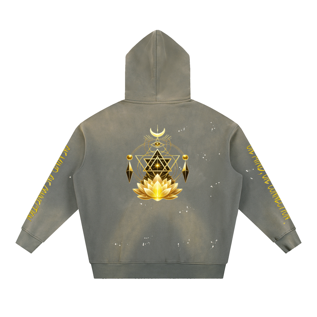 Vintage Washed Frayed Fleece Hoodie- Lotus Flower Awaken Within Apparel