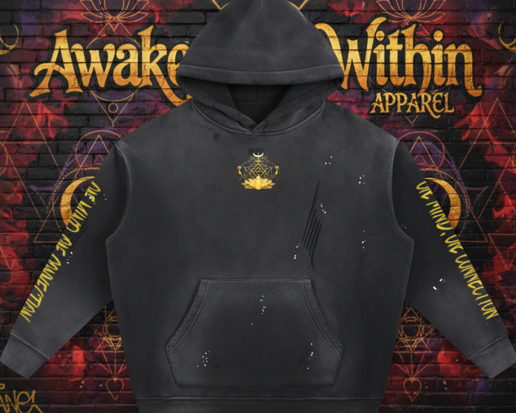 Vintage Washed Frayed Fleece Hoodie- Lotus Flower Awaken Within Apparel
