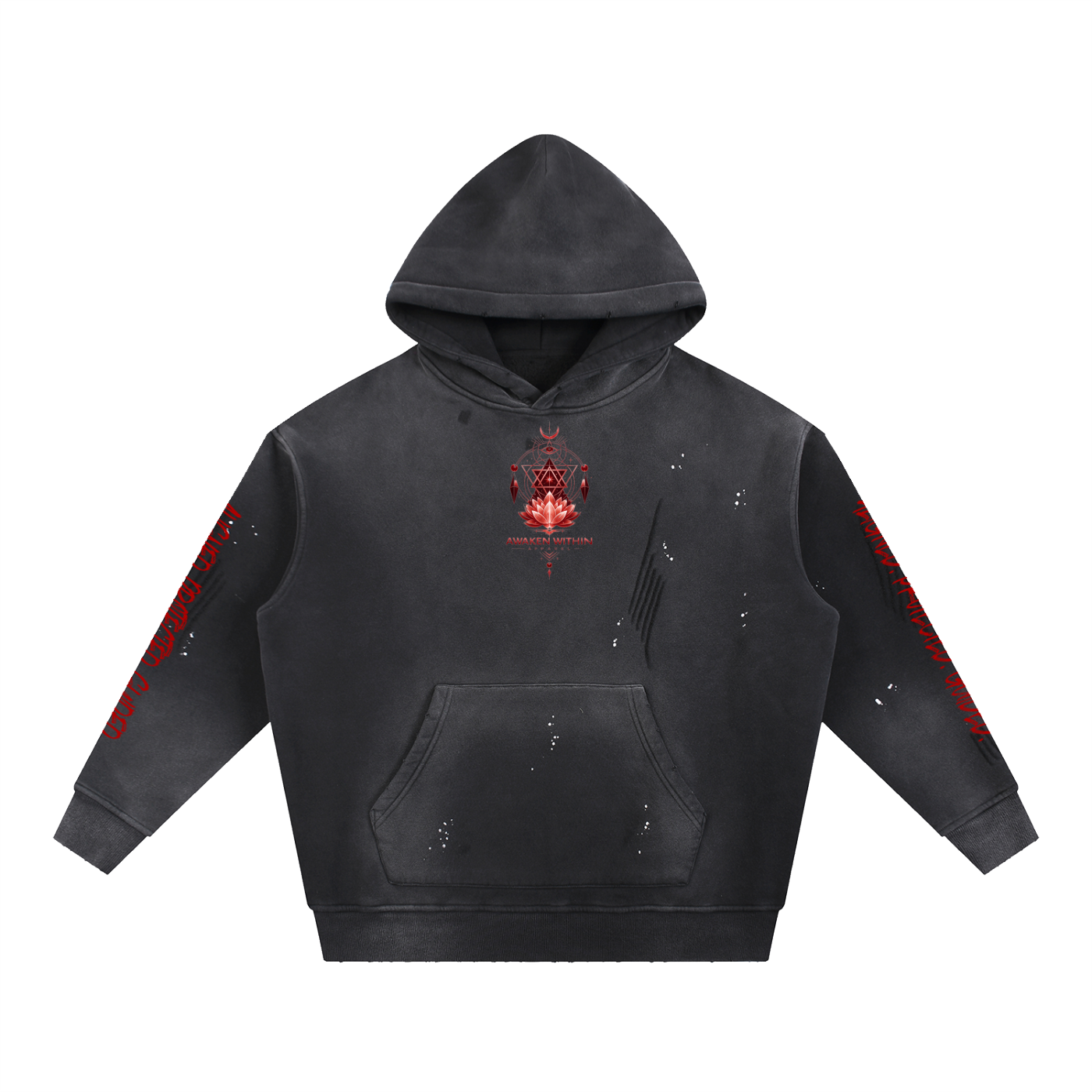 Vintage Washed Frayed Fleece Hoodie-Awaken Within Apparel Lotus Graphic Design