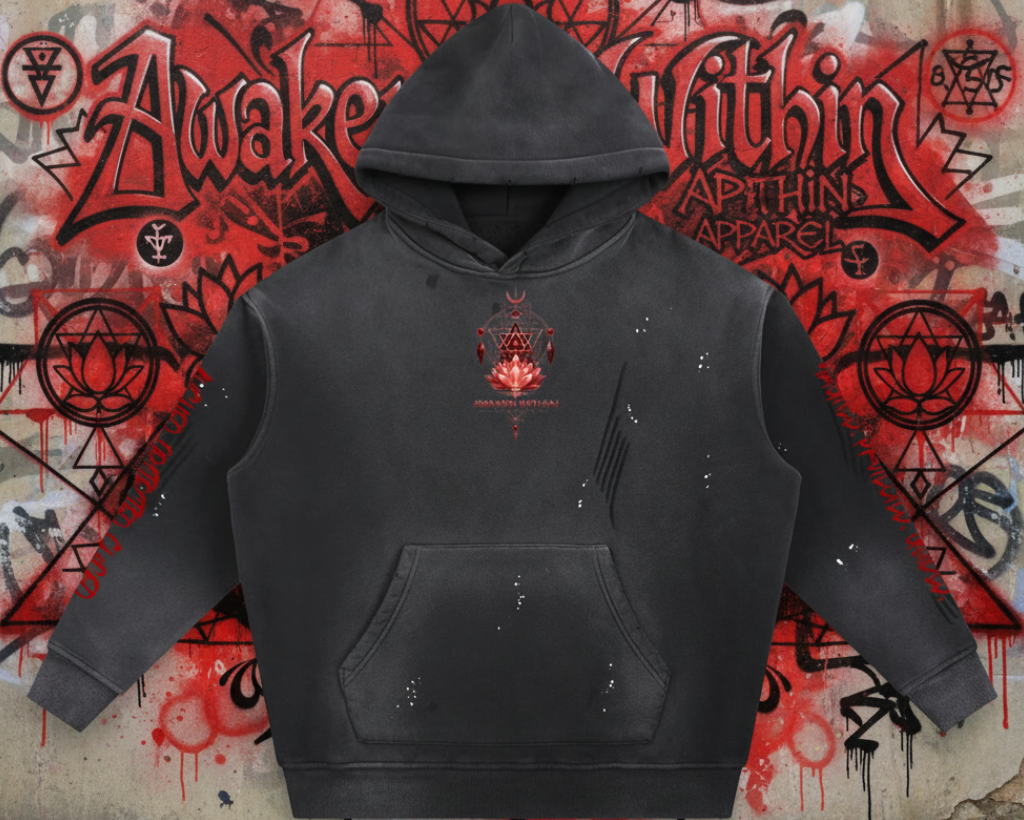 Vintage Washed Frayed Fleece Hoodie Awaken Within Apparel Lotus Graphic Design