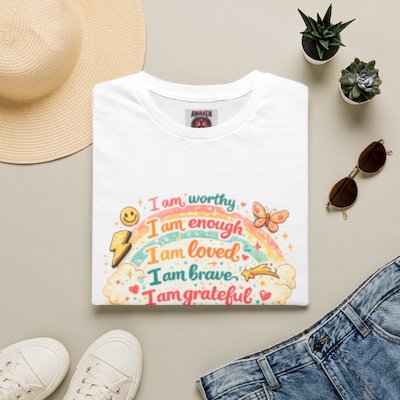 Affirmation Rainbow T-Shirt — I Am Worthy, Loved & Becoming