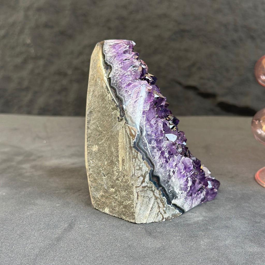 Amethyst cluster, Uniquely stone for tabletop decor, natural crystal stone with agate formations