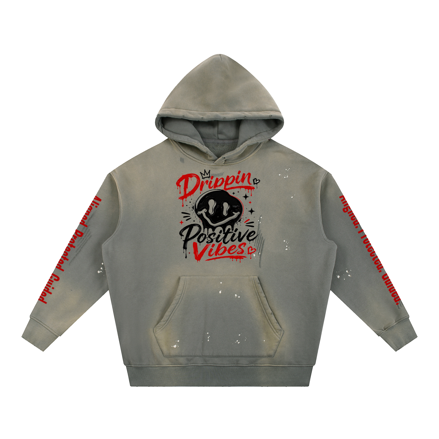 Vintage Washed Frayed Fleece Hoodie-Drippin Positive Vibes Graphic Design