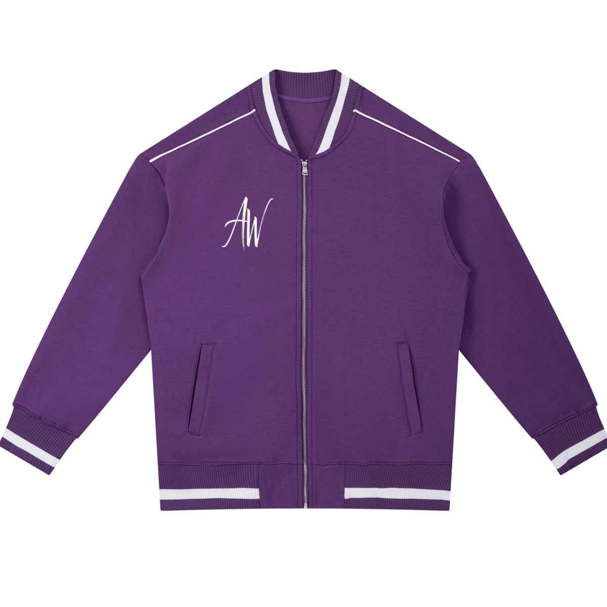AW Script Contrast Piping Zip Bomber Jacket — Unisex Streetwear Outerwear