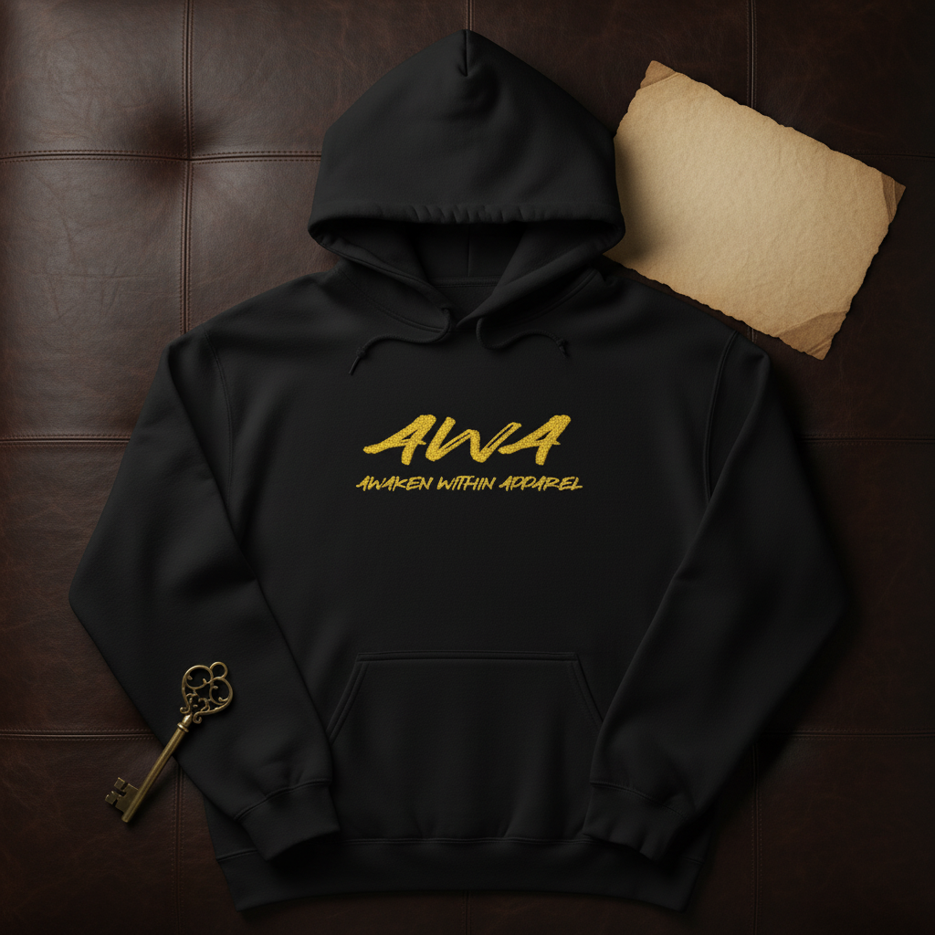 Black AWA hoodie dark flat-lay