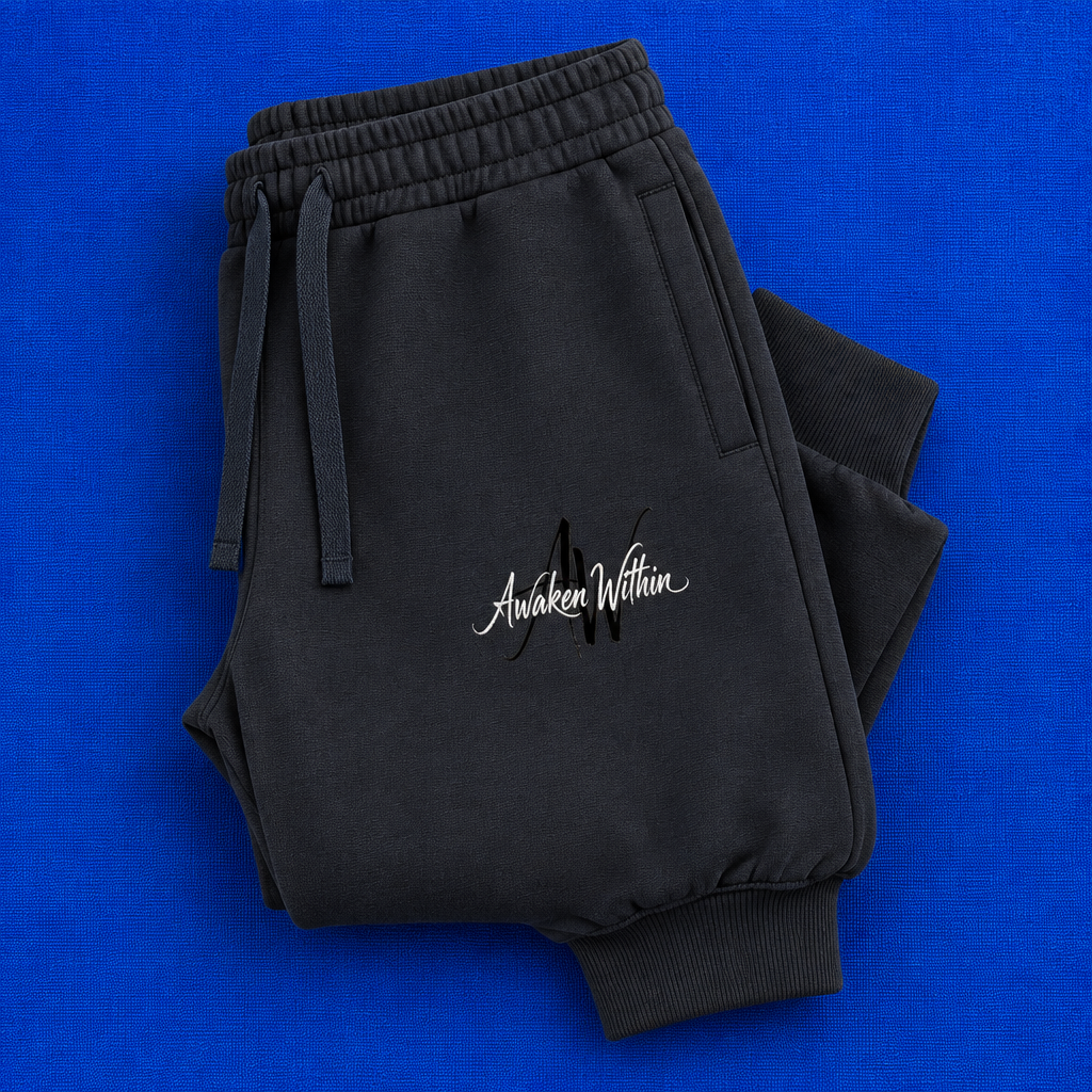 Charcoal AWA joggers folded product shot