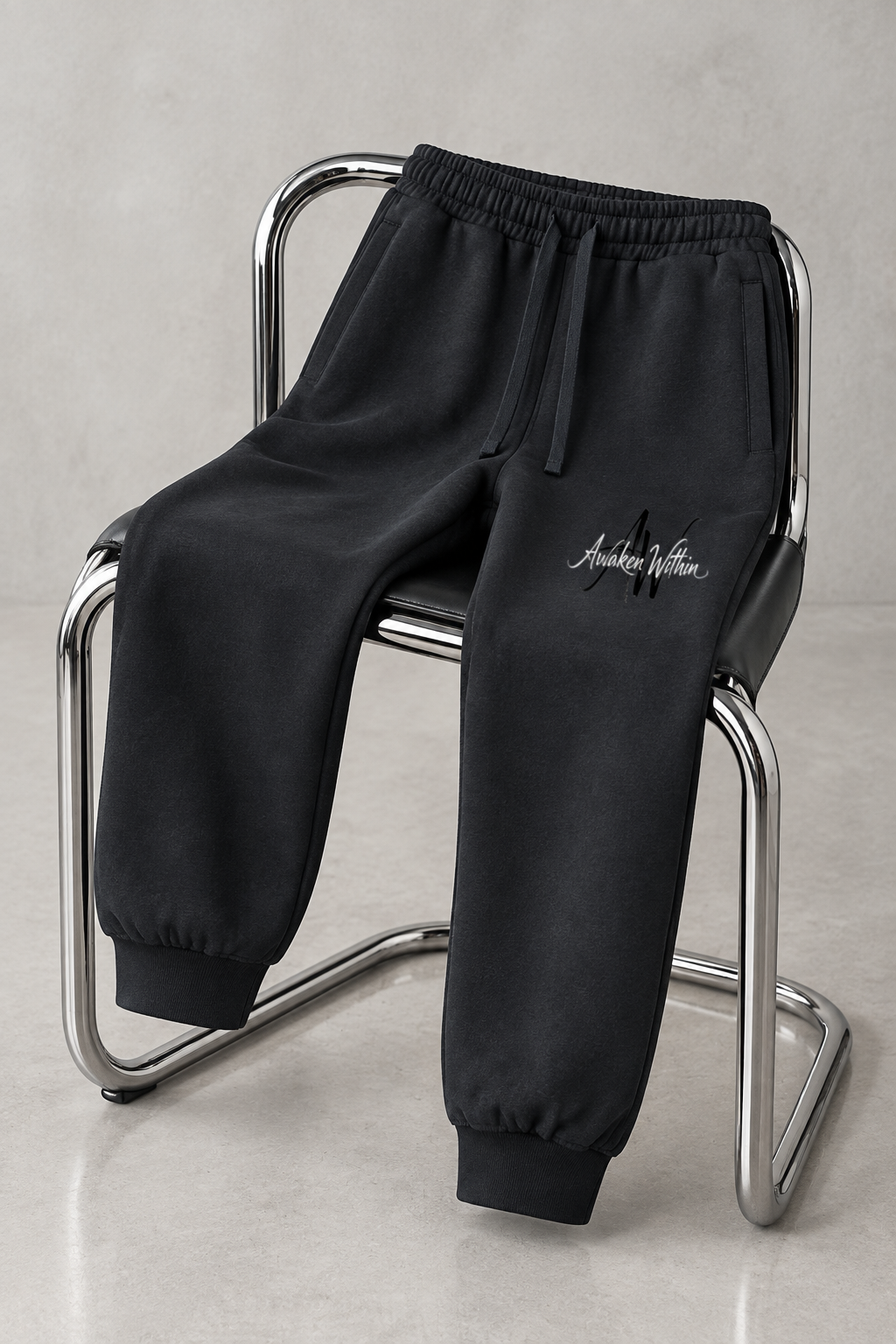 Charcoal AWA joggers on chrome chair