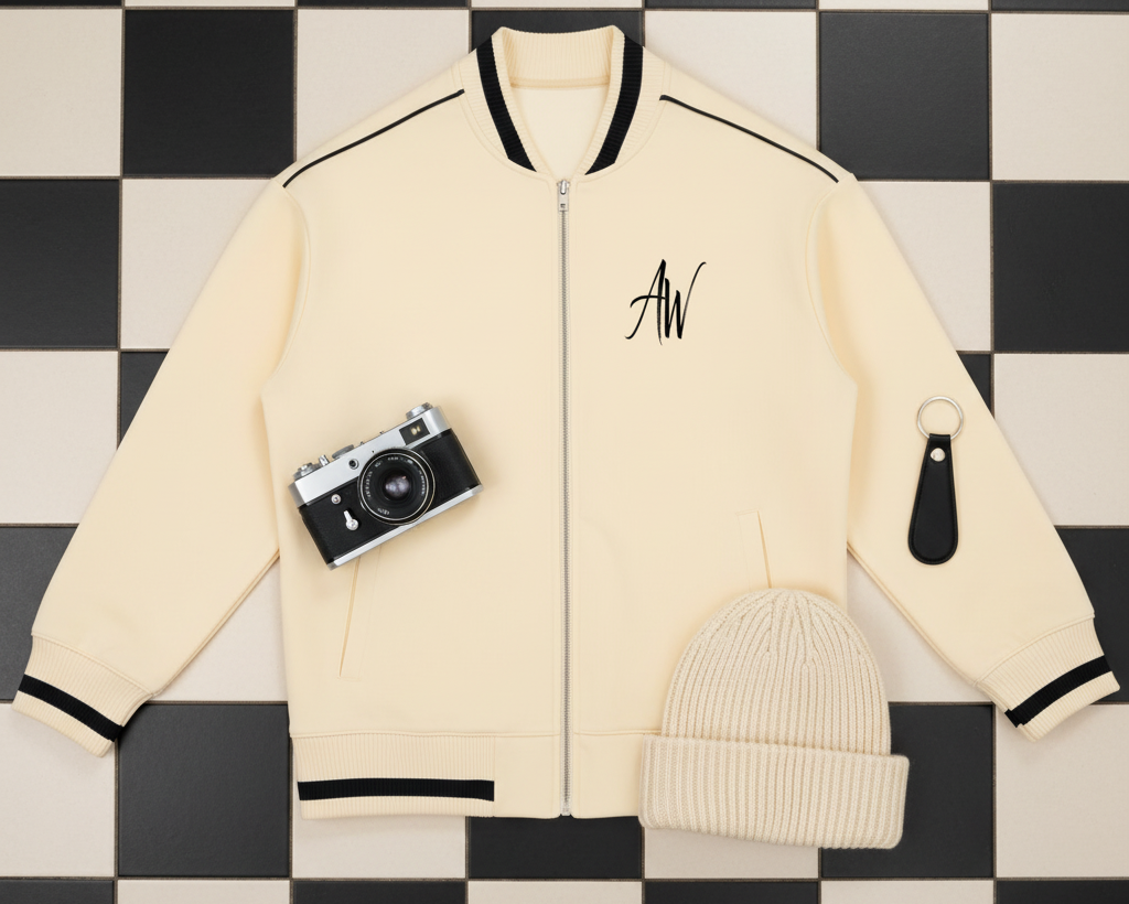 Cream jacket prop flat-lay