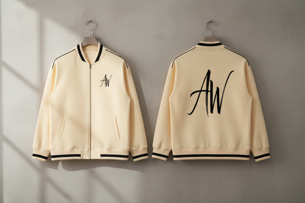 Cream varsity jacket, front and back hanging side by side