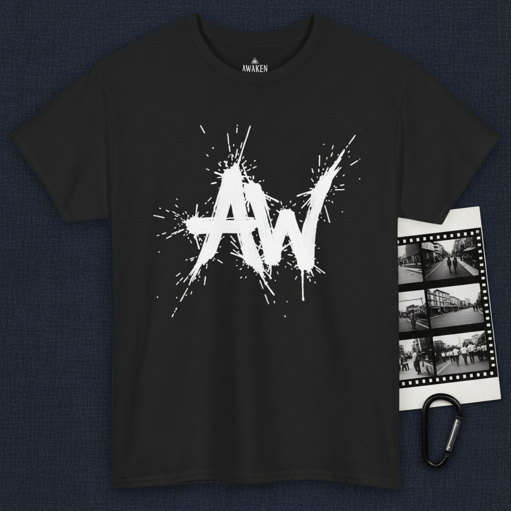 Dark flat-lay, black splatter AW tee
