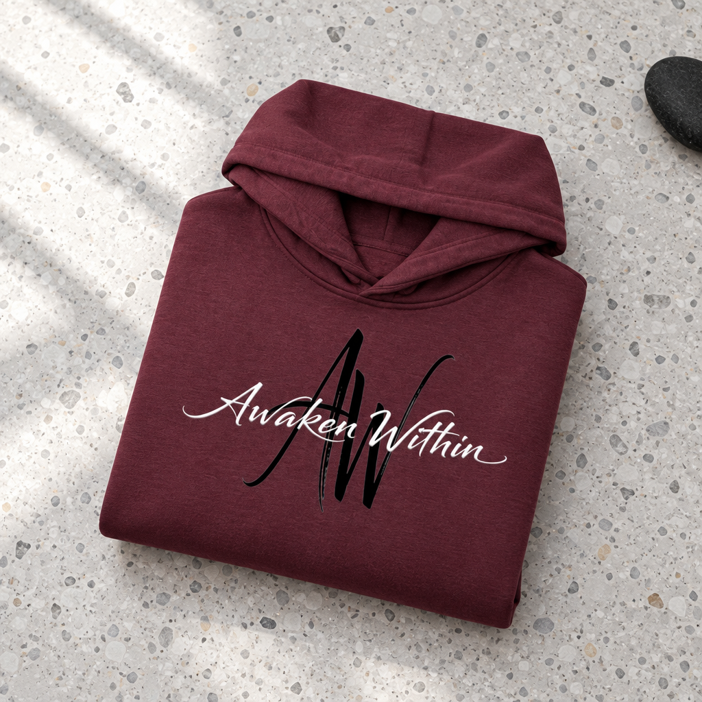 Deep wine AWA hoodie folded on terrazzo